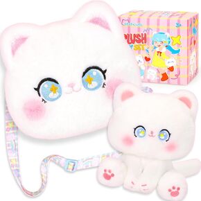 Cat Plush Toys and Purse Set for Kids,Cat Stuffed Toy Kids with Cute Zipper Crossbody Bag, Soft Stuffed Cat Toys Set Birthday Party Favors for Toddlers Kids