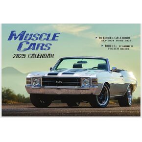 2025 Muscle Cars Deluxe Wall Calendar, 12 Months, with Free Poster, White/blue