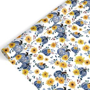 JarThenaAMCS Fall Wrapping Paper -Mini Roll- 17in x 32.8Ft Watercolor Blue Pumpkin Sunflower Gift Wrap Paper for Autumn Holiday Party Wrapping Supplies