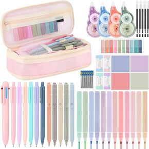49 Pcs Aesthetic School Supplies with Pink Pencil Case, 12 Highlighters, 5 Quick Dry Ink Pens, 6 Mechanical Pencils Set 0.5 0.7 mm, 5 Tabs and 4 Correction Tape for Students Stationary Set