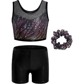 JiAmy 3 Piece Gymnastics Leotards for Girls, Sparkly Dance Biketards Tops and Trousers Tumbling Outfit for 3-12 Years