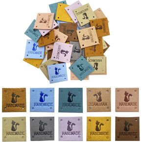 40 Pcs PU Leather Label Faux Leather Handmade Sew on Tag Label Handmade Embossed Tag Embellishment Crochet Knit DIY Jeans Bags Shoes Hat(Cat, 10colors)