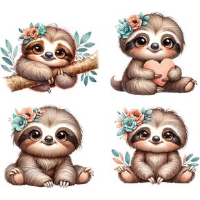4 Piece 6"x6" Cute Sloths 100% Cotton Fabric Panel Squares | Quilting Sewing Blocks