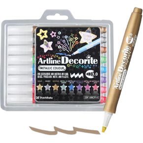 Artline Shachihata Decorite EDF-3 Wet Erase Markers, 3.0mm Flat Tip, Metallic Markers for Arts & Crafts, Fade-Resistant, Ideal for Overpainting & Layering - White, Gold, Silver & Bronze, 4-Pack