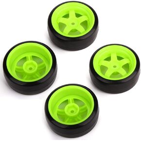 BQLZR 65 mm OD Black Plastic Smooth Tires with Green Wheel Rims for RC 1: 10 On Road Racing & Drift Car Pack of 4