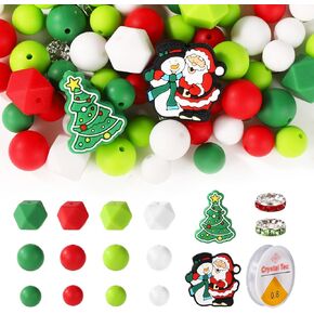 100pcs Christmas Silicone Beads Set, Xmas Santa Claus Christmas Tree Loose Beads Kit Holiday Round Silicone Focal Spacer Beads Bracelet Necklace for Decoration DIY Jewelry Craft