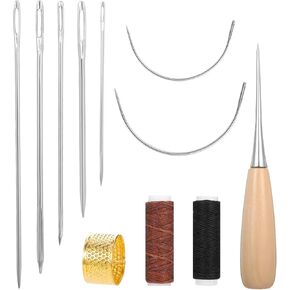 Xinjoduz 11 PCS Leather Working Sewing Tools, Leather Repair Sewing Kit with Leather Needles, Sewing Awl, 12 m Black and Coffee Upholstery Thread for Hand Stitching DIY Leather Craft