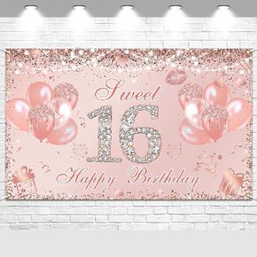 Avezano Sweet 16 Birthday Banner Rose Gold Sweet Sixteen Party Decorations Girls Sweet 16 Backdrop Glitter Balloon 16 Year Old Birthday Photo Props Supplies 70.8x43.3inch