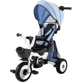 Baby Tricycle, 4-in-1 Folding Toddler Tricycle with Adjustable Parent Handle, Removable Canopy, Rotatable Seat, Safety Harness & Srorage, Kids Trike for 18 Months - 5 Year Old, Blue