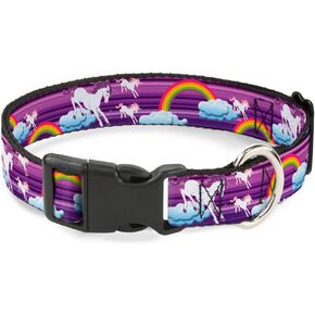 Buckle-Down Plastic Clip Collar - Unicorns/Rainbows w/Stripes Purple - 1" Wide - Fits 11-17" Neck - Medium
