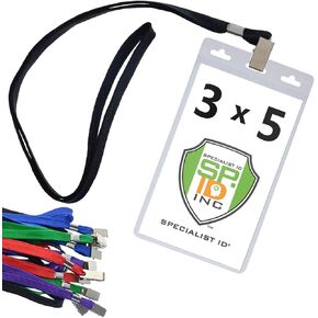 10 Pack - Large 3x5 Inch Large Clear Vertical Badge and Credential Holders with Lanyards for VIP Badges by Specialist ID (Black)