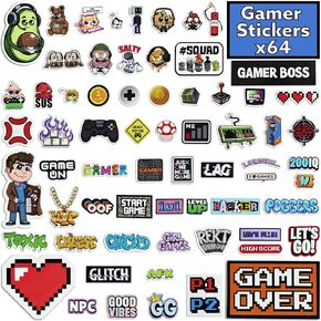 Gamer Boss - Video Game Stickers for Laptop - Gaming Stickers for Water Bottles - Gamer Stickers for Boys 8-12 - Video Game Party Favors for Goodie Bags Classroom Prizes and Stocking Stuffer (64 Pack)