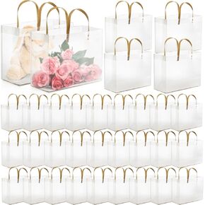Cididu 30 Pcs Clear Gift Bags with Handle, Plastic Gift Wrap Handbags with Cardboard Bottom, Reusable Tote Boutique Shopping Bag for Wedding, Party, Birthday, Baby Shower (12.5''x5.5''x9.8'')