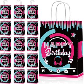 16 Pieces Music Kraft Paper Gift Bags, Happy Birthday Candy Goodie Treat Party Favor Bags with Handle for Social Media Theme Birthday Party Decorations Supplies