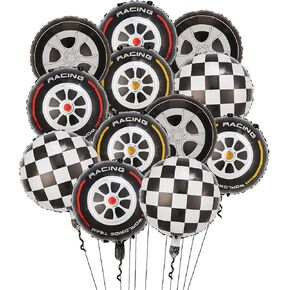 12 PCS Race Car Wheel Balloons Black and White Checkered Balloons Race Car Theme Birthday Party Supplies Decorations