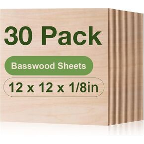 30 Pack Basswood Sheets, 12 x 12 x 1/8 Inch-A/A Grade, 3mm Thin Plywood Sheets with Smooth Surfaces, Unfinished Wood for Laser Cutting, Wood Burning, Architectural Models and DIY Wood Crafts