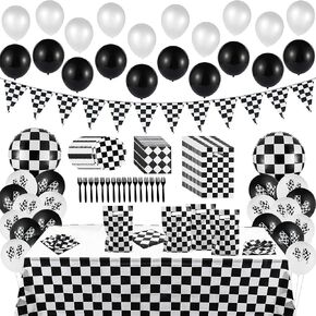 BeYumi 127Pack Race Car Checkered Party Supplies Decoration Kit, Including Banner Pennant Balloons Tablecloth Tableware Goodies Gift Bags, Black and White Party Decorations Pack, Serves 20 Guests