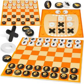 Coogam 3-in-1 Chess and Checkers Game, Tic Tac Toe Vintage Jumbo Board Game with Playmat, Party Favor Family Lawn Activity Indoor Outdoor Travel Play for Kids Adults