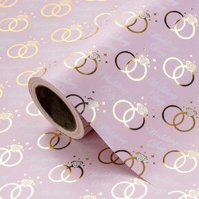 WRAPAHOLIC Wedding Wrapping Paper Roll - Mini Roll - 17 Inch x 16.5 Feet - Pink Gold Foil Ring Design, Perfect for Wedding, Bridal Shower, Birthday