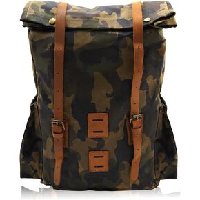 Camouflage Waxed Canvas Leather Hiking Travel Waterproof Backpack For College Weekend Travel Fit 15in laptops (Khaki)