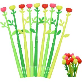 12PCS Flower Pens - Rose Pens with Beautiful Floral Silicone Tops - Black for Girls, Women, Teachers - At Home, Office, School Desk Decorations