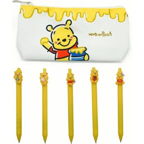 Rondlaho Pooh Small Pen Case with 5 Pcs Cute Gel Pen, Pen Pouch Coin Pouch Cosmetic Bag Office Supplies Stationery Organizer with Black Ink 0.5mm Ballpoint Pen