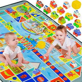 Timy 14Pcs Cartoon Cars with Ludo Carpet Playmat Toy Cars for Toddlers 1-3 Soft Rubber Toy Car Set Gift for Boys and Girls Bath Toy for Toddlers Toy Trucks