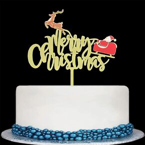 Merry Christmas Cake Topper, Mirror Gold Christmas Acrylic Cake Decoration, Christmas/Holiday/Xmas Eve Party Decorations, Santa Claus Cake Topper