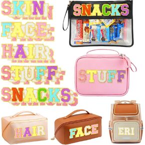 23 Chenille Embroidered Letters Patches with Gold Glitter - Self Adhesive Letter Stickers - Stick on Varsity Preppy Skin Face Hair Stuff Snacks Bags (5 Packs Colorful Words)