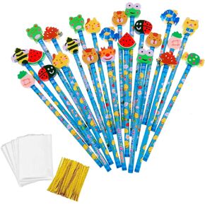 JZK 24 x Blue wooden graphite pencils set with cartoon rubber erasers for kids children party favours give away thank you gift party bag filler birthday Christmas gift for boys