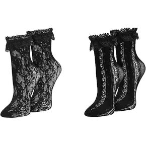 MKYSZLT Womens Ruffle Socks,Black & White Lace Socks,Sexy Frilly Socks for Women,Cute Lace Trim Socks Lolita Socks,Ankle Socks with Ruffles for Girls Ladies Princess Wedding(4 Pairs)