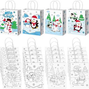 Epakh 24 Pcs Winter Gift Bags for Kids Bulk Color Your Own Snowman Paper Gift Bags Winter Coloring Goodie Bag with Handle Winter Craft Kits for Winter Holidays Party Favor Supplies