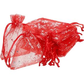 Bememo 100 Pieces Christmas Organza Bags Snowflakes Organza Bags Mesh Jewelry Candy Drawstring Small Pouches for Winter Wedding Christmas Party