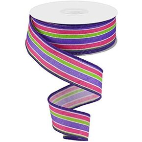 Spring Easter Stripe Wired Edge Ribbon | Purple Lime Pink (1.5 Inches x 10 Yards)