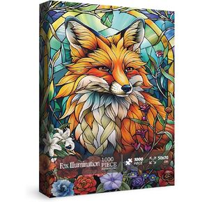 Stained Glass Fox Puzzle for Adults 1000 Piece, Mosaic Animal Flower Jigsaw Puzzles, Nature Plant Art Puzzle