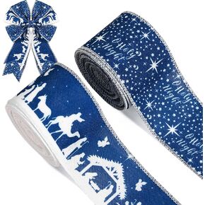 Bolsome 2Rolls 20 Yards Christmas Nativity Wired Ribbon Blue White Holy Night Star Jesus Patterned Burlap Ribbon for Gift Wrapping Bow Wreath Making for Xmas Party Craft Supplies in Saudi Arabia