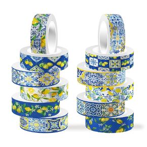 Lemon Washi Tape 12 Rolls, Blue Tiles Yellow Lemon Printed Decorative Washi Tape Set, DIY Art Crafts Wrapping Decor for Gifts Wrapping,Wedding Bridal Shower