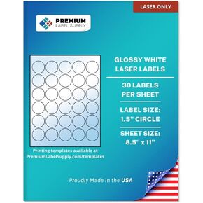 Premium Label Supply Glossy White Sticker Round Labels – 1.5" Circle – (30 per Sheet) (Glossy White for Laser Only, 300 Labels)
