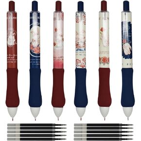 Maydahui 6 PCS Retractable Rose Rabbits Gel Pen Retro Flower Bunny Pens With 10PCS Pen Refills Rose Manor Soft Sponge Grip Black Ink for School Students Party Office