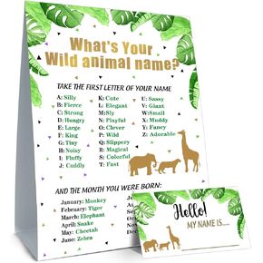 What's your wild Animal Name game - wild Animal birthday party game,Girl and Boy Birthday Supplies, Activity, Decorations(1 wild Animal Theme Sign and 30 Name Tag Stickers)