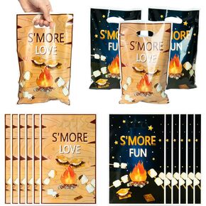 S’more Camping Party Favor Bags - 50Pcs Plastic Snack Candy Treat Gift Bag with Handles Fun Campfire Camping Party S’more Birthday Supplies Baby Shower Wedding Decor