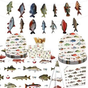 162pcs Gone Fishing Party Decorations - 24 Persons Fishing Birthday Party Set with Tableware Plates Napkins Cups Tablecloth Banner Suitable for Fishing Theme Parties, Baby Showers, Party Favors
