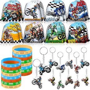 Talltalk 48 Pcs Dirt Bike Party Favors for Boy Motocross Birthday Decorations 16 Motorcycle Party Drawstring Bag Racing Candy Goodie Snacks Gift Bag 16 Wristband 16 Keychain for Baby Shower Birthday