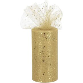 MECCANIXITY 6" Wide 50 Yards Sequin Tulle Ribbon Rolls Glitter Sparkly Netting Fabric for Tutu Skirt Sewing Christmas Wedding Gift, Champagne Gold