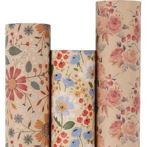 Aimyoo Kraft Floral Wrapping Paper Bundle, Vintage Spring Flowers Rose Gift Wrap Paper for Wedding Bridal Shower Birthday, 3 Rolls 17 in x 10 ft per Roll