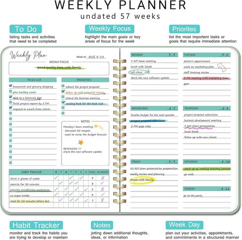 Undated Weekly Planner - Weekly To Do List Notebook with Goal & Habit Tracker, Daily Weekly Journal with Spiral Binding, 6.3"x8.5", Pink in Saudi Arabia
