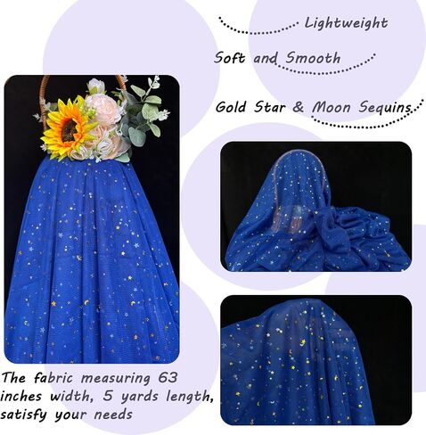 Glitter Tulle Fabric Rolls 63 inch by 5 Yards Navy Blue Gold Star Moon Sequin Tulle Netting Fabric for Tutu Skirt Sewing DIY Crafts Wedding Birthday Baby Shower in Kuwait