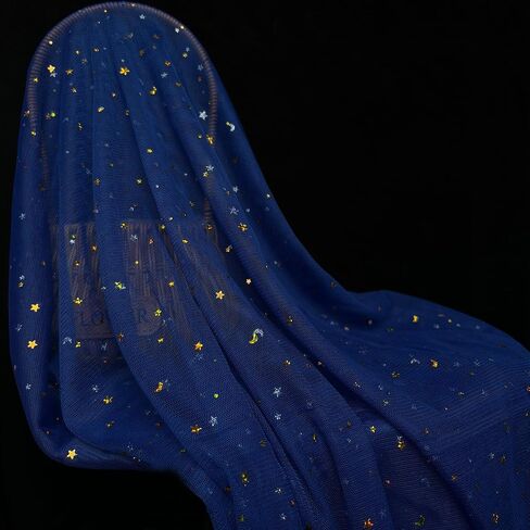 Glitter Tulle Fabric Rolls 63 inch by 5 Yards Navy Blue Gold Star Moon Sequin Tulle Netting Fabric for Tutu Skirt Sewing DIY Crafts Wedding Birthday Baby Shower in Kuwait