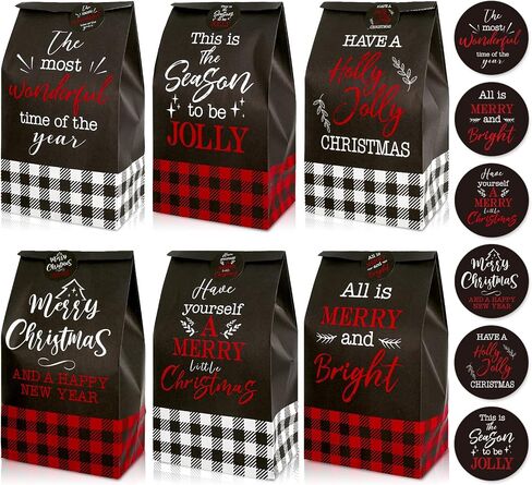 Whaline Christmas Party Favor Bags Christmas Greetings Goody Bags Red White Black Buffalo Plaid Gift Bags Holiday Treat bags with Gift Tag Stickers for Xmas Party Supplies Gift Wrap, 36Pcs in Saudi Arabia