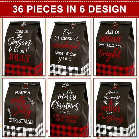 Whaline Christmas Party Favor Bags Christmas Greetings Goody Bags Red White Black Buffalo Plaid Gift Bags Holiday Treat bags with Gift Tag Stickers for Xmas Party Supplies Gift Wrap, 36Pcs in Saudi Arabia